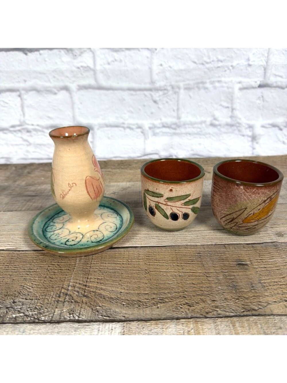 VTG Signed Hand Painted Greek Art Pottery Candlestick Holder Floral Tumblers Set - Picture 16 of 16